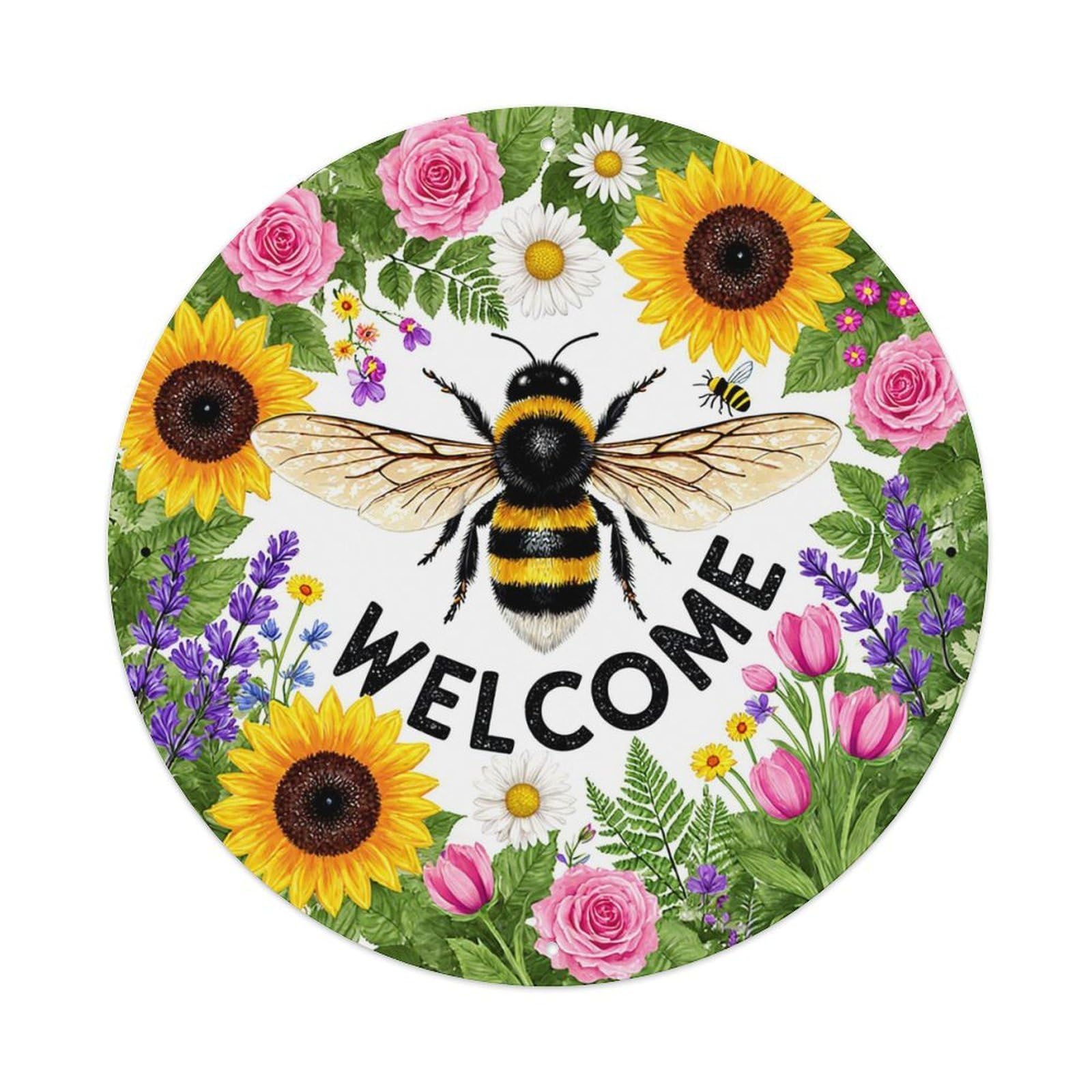 Bee Flowers Welcome Garden Art Metal Tin Sign Plaque