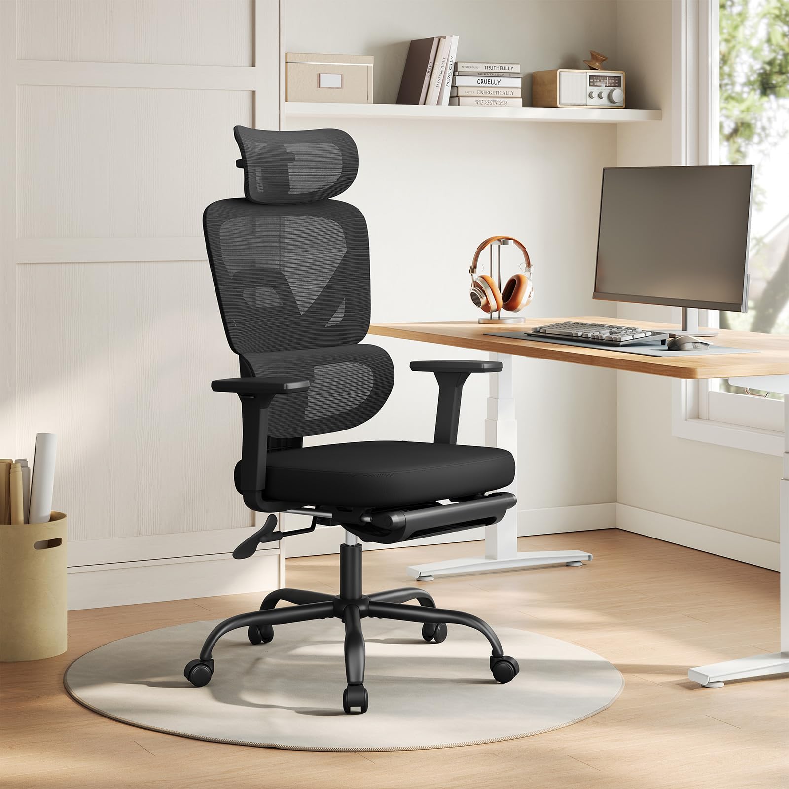 WOLTU Silla de Oficina Ergonómica con Soporte Lumbar y Reposapiés, Negro | Asiento Mullido, Respaldo de Malla Elástica, Reposabrazos Ajustables 3D, Para Estudio u Oficina, Soporte Lumbar y Reposapiés