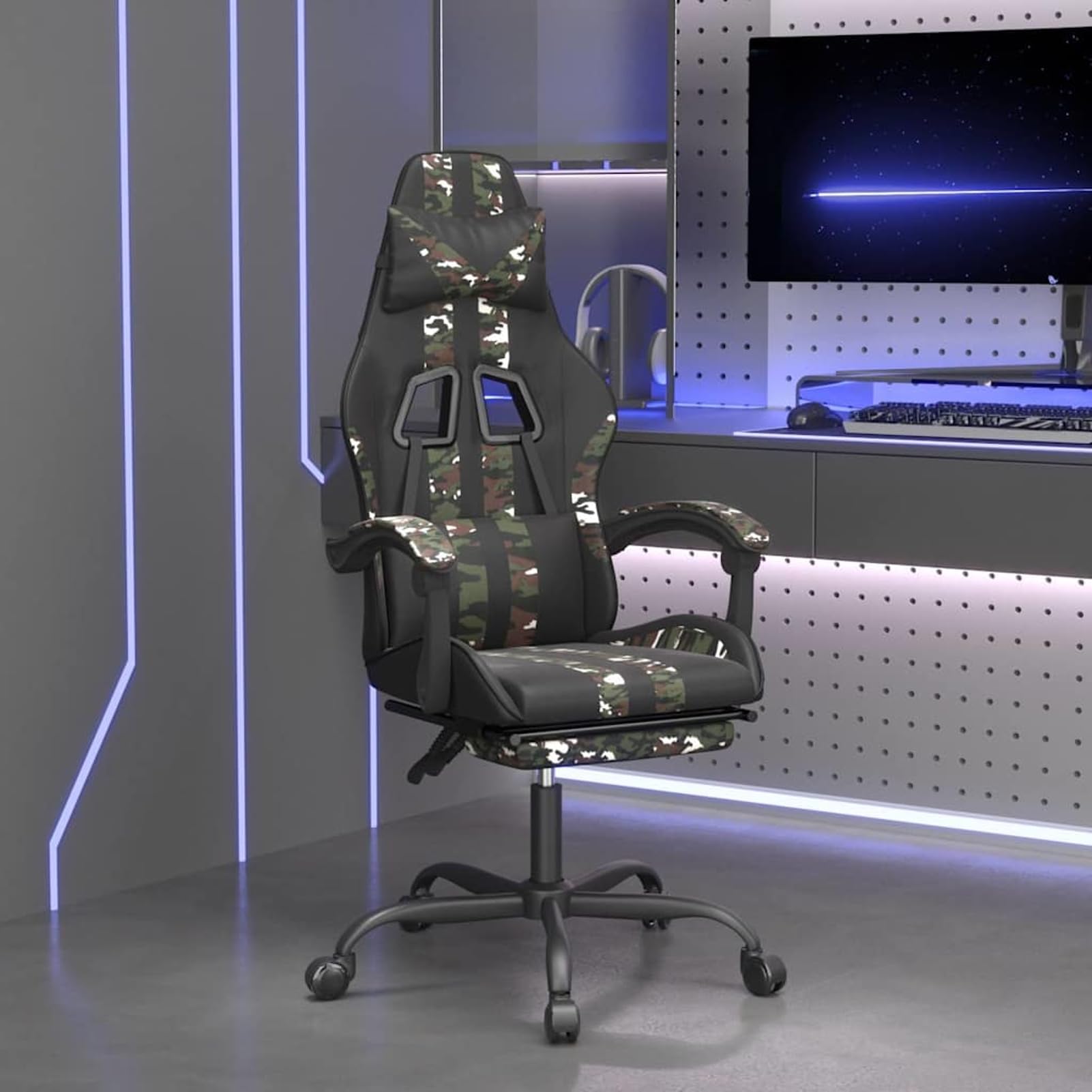 Gamingstuhl mit Fußstütze, Kunstleder, Camouflage, verstellbar