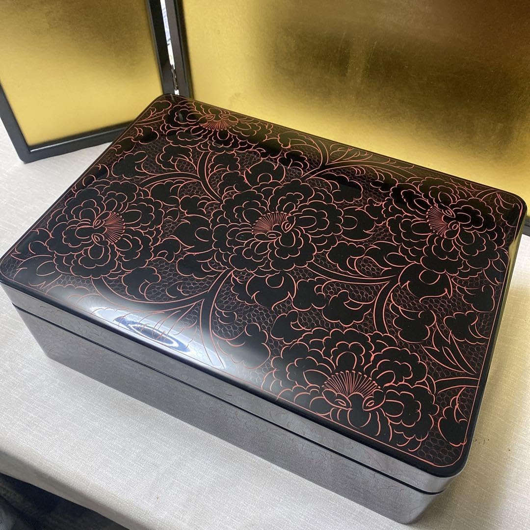 宝蔵】未使用 輪島塗 黒塗 牡丹沈金 硯箱 約25.5㎝×約18.5㎝ 書道具