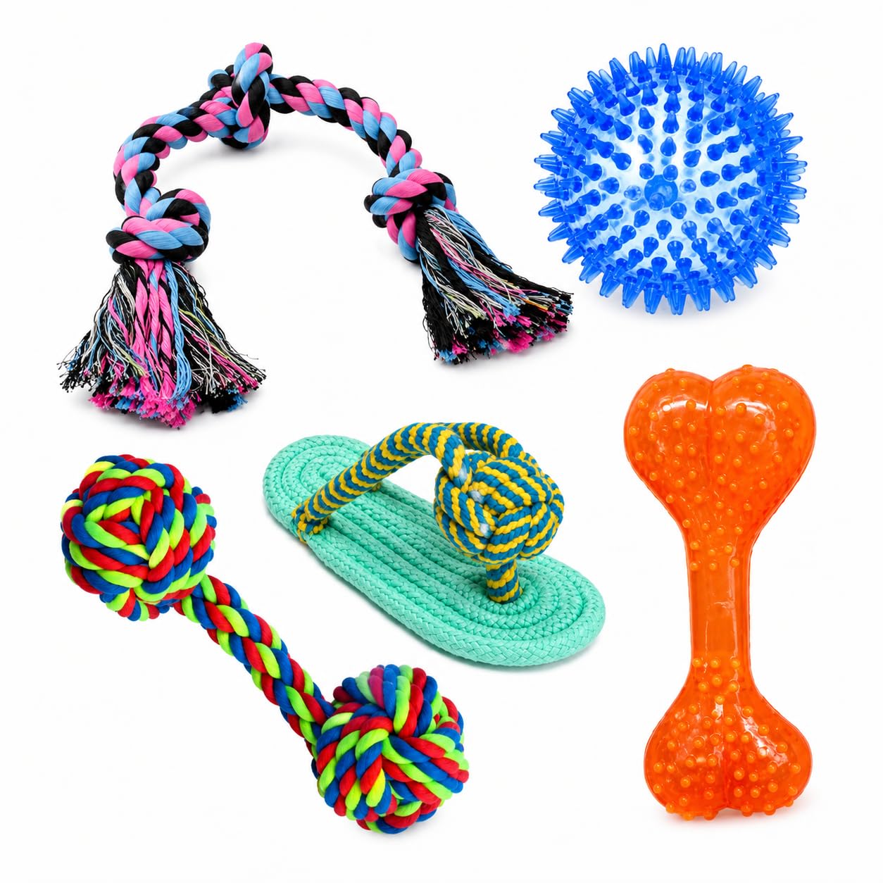 Dog Rope Toy Set for Aggressive Chewers, Interactive Puppy Chew Toys, Cotton Rope Tug Toy, Rubber Spiky Ball, TPR Bone, Rope Ball, Rope Ring Toy for Small Medium Large Dogs-image-2