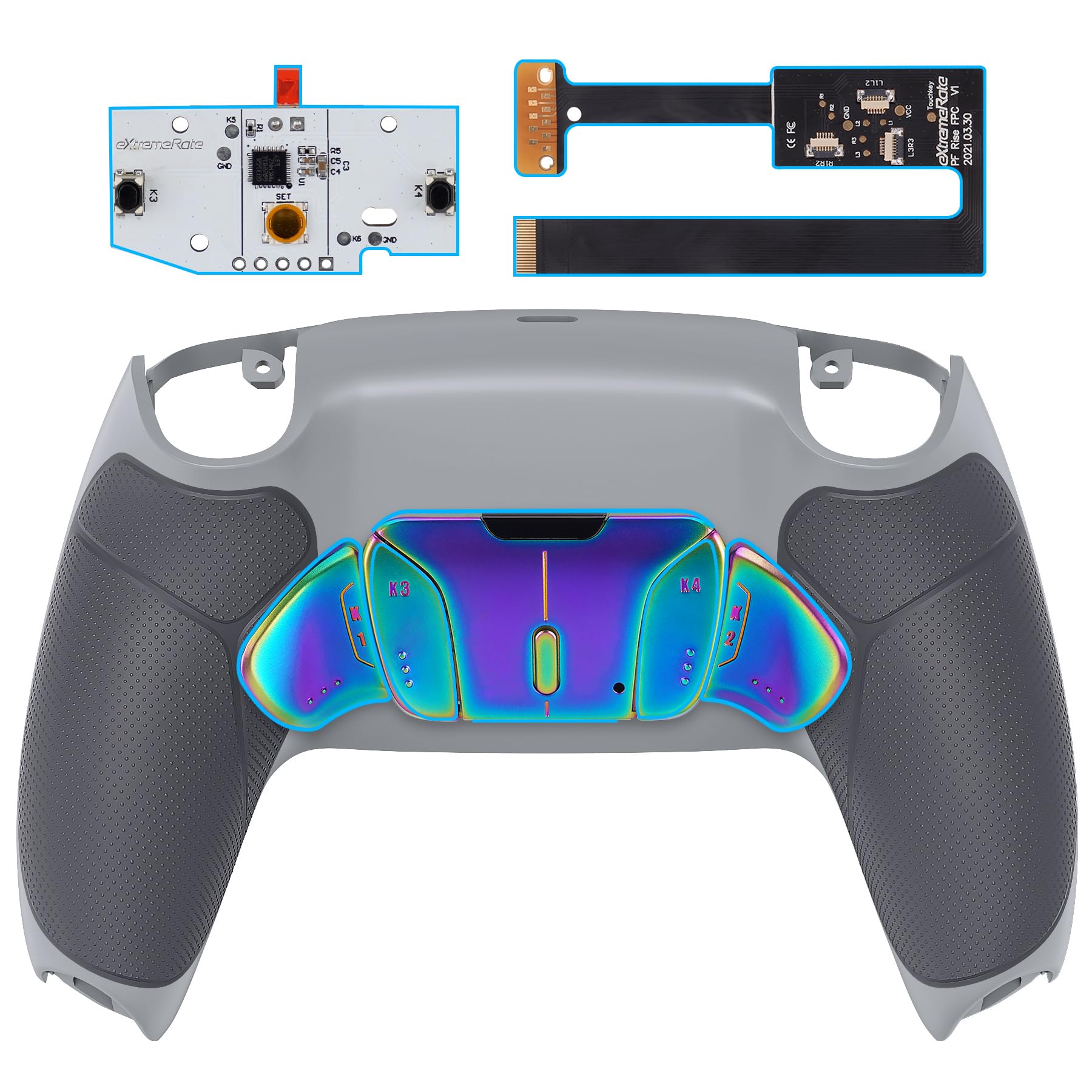 eXtremeRate Rise4 Remap Kit Metallo per ps5 Controller BDM-010/020, 4 Palette Paddles Back Button Programmabili per ps5 Joystick, Cover Grip&Tasti Posteriori Accessori Kit-Grigio Blu Viola