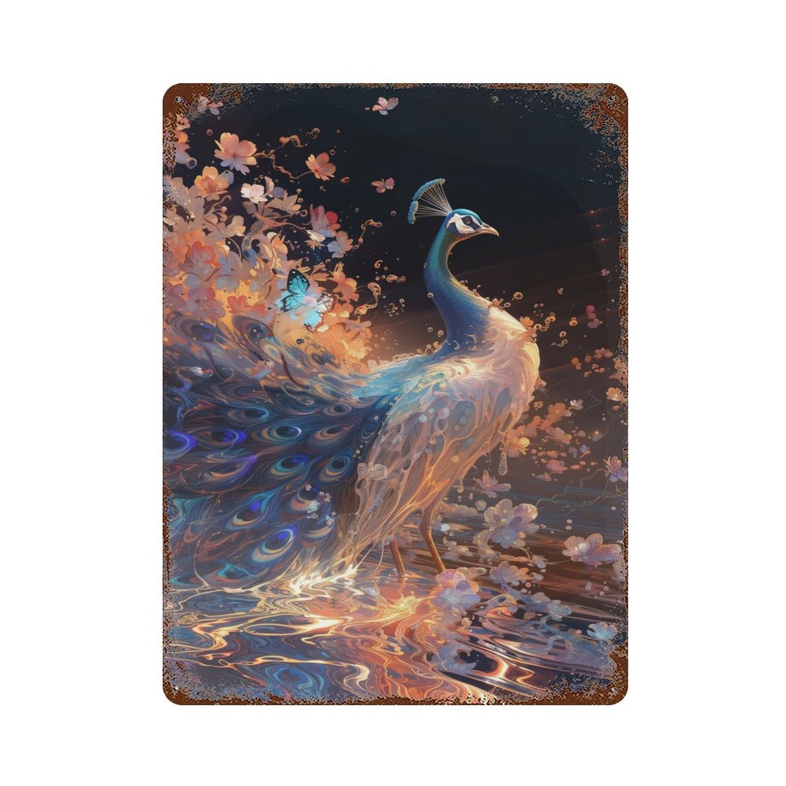 Ethereal Peacock Vintage Wall Sign 15.7"x11.8", Rust Effect Metal Decor for Office, Studio And Wall Decor