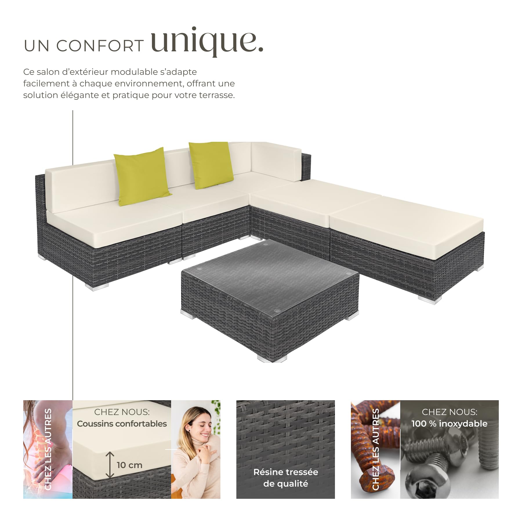 tectake® Ensemble Salon de Jardin Exterieur XXL en Poly Rotin Modulable Canapé 5 Places 3 Fauteuil Salon 2 Tabouret Pouf et 1 Table de Jardin, Mobilier de Jardin pour Amenagement Balcon Terrasse