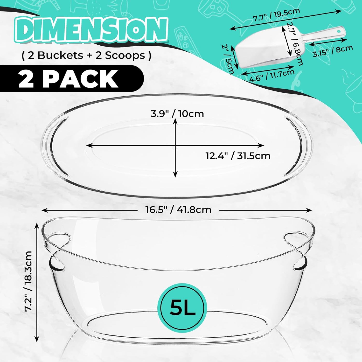 Ice Buckets 2-Pack, 5L Large Clear Acrylic Beverage Tubs with Scoops, Plastic Champagne Wine Beer Cooler for Parties, Mimosa Bar, Cocktail & Outdoor Events, Beverage Cooling Buckets