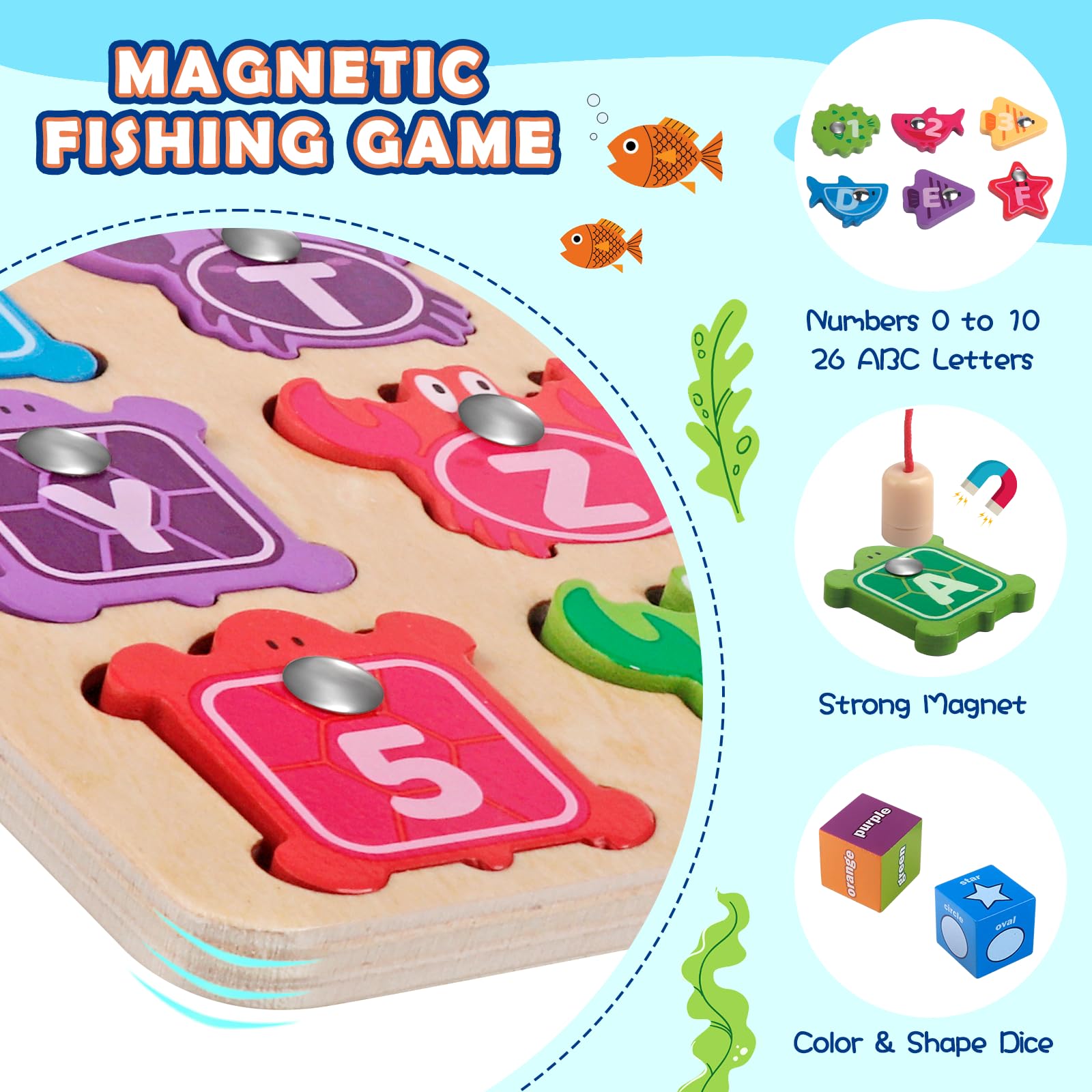Jeu De Pêche Magnétique En Bois - 33 Pièces - Jouet Éducatif 2 Ans Et + - Apprentissage Couleurs Et Motricité