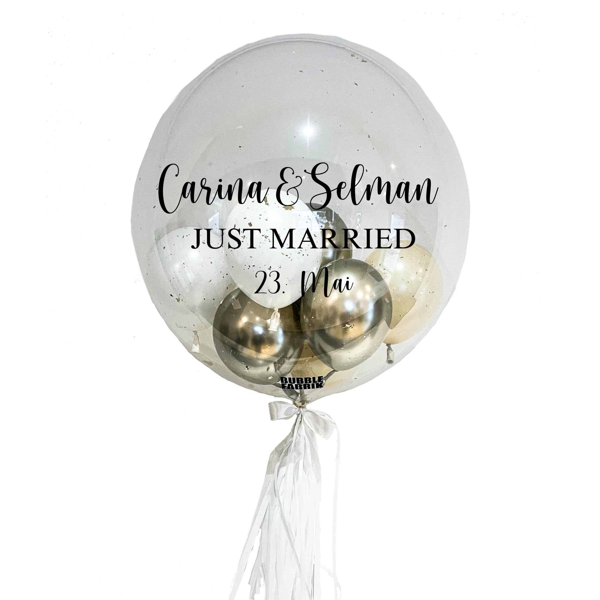 Just Married - Bubble Fabrik - Personalisiertes Ballongeschenk: Durchsichtiger Heliumballon mit Bunten Ballons, Geschenk zur Hochzeit, Hochzeitsmitbringsel