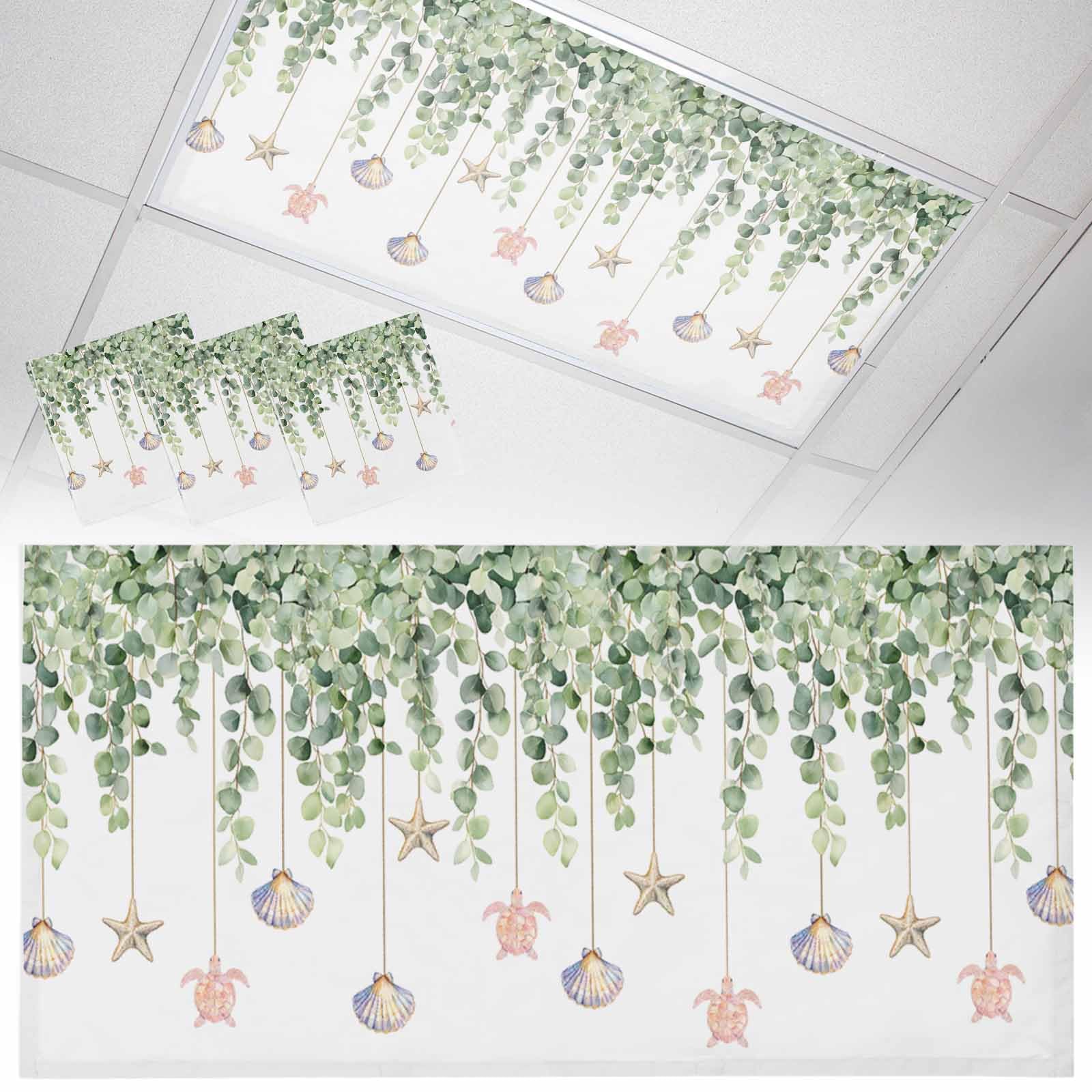 Wowouhiya 3 Pack Fluorescent Light Cover for Ceiling Lights, Eucalyptus Leaf Magnetic Classroom Light Filters 4x2 Feet, Coastal Beach Starfish Nautical Ocean Decorative Ceiling Shade Panel for Office