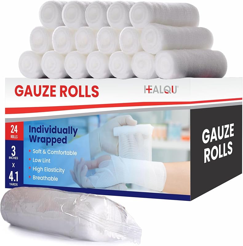 HEALQU Premium Gauze Rolls - 3' x 4.1 Yards - 24 Rolls, Individually Wrapped Conforming Stretch Gauze Bandage - Super Soft Woven Stretch Bandages for Primary Wound Dressing Support