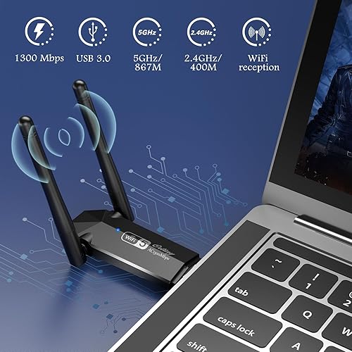 Miniatura 2 de Adaptador WiFi USB, Ortiny 1300Mbps WiFi USB Dual Band 5G2.4G Adaptador de red inalámbrica para computadora portátil de escritorio, adaptador
