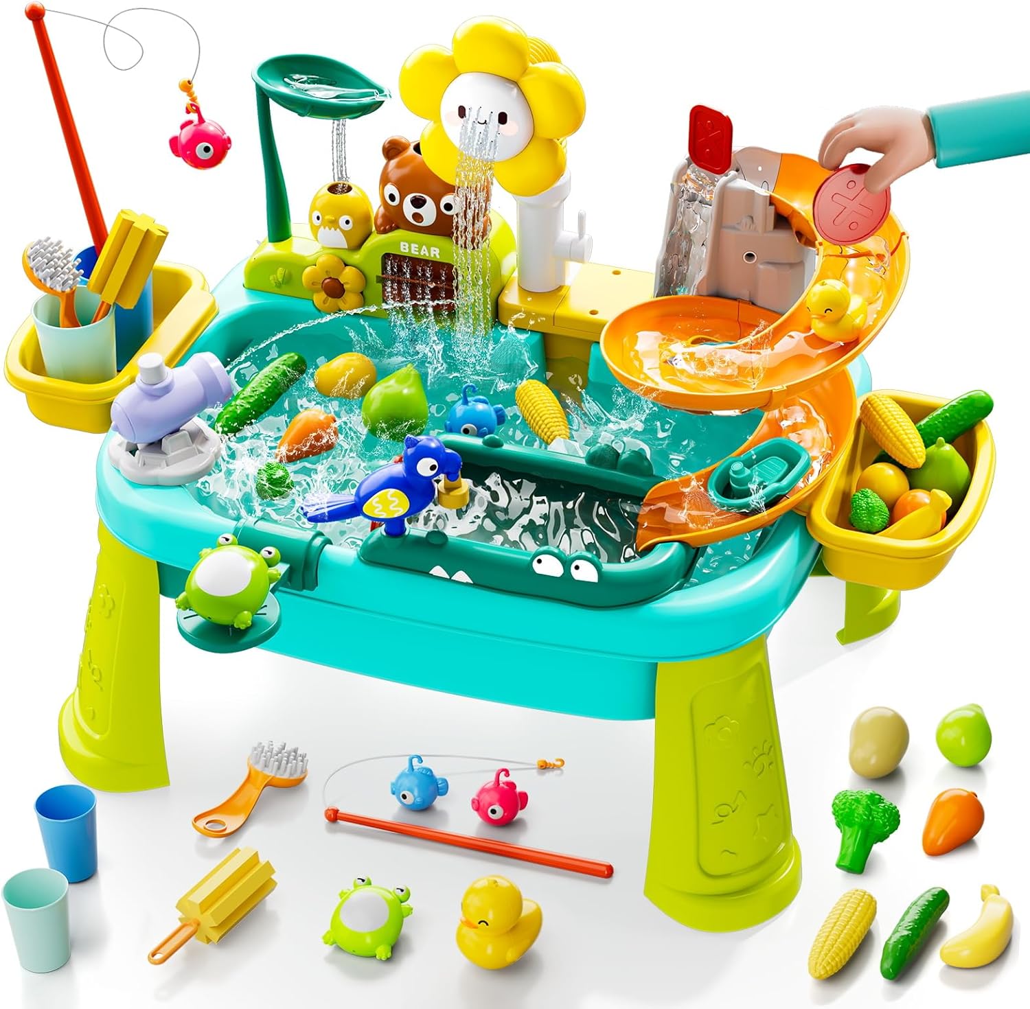 Blue 4-in-1 Kids Play Sink with Running Water, Mini Water Table with Detachable Legs, Upgraded Faucet and Dishes, Children Electric Dishwasher Toy, Kitchen Sensory Set (Blue)