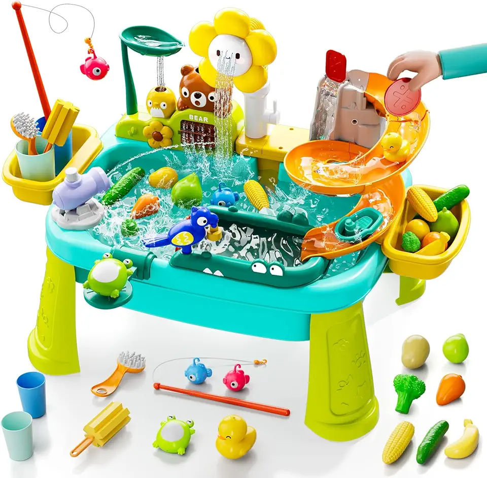 4-in-1 Kids Play Sink with Running Water, Mini Water Table with Detachable Legs, Upgraded Faucet and Dishes, Children Electric Dishwasher Toy, Kitchen Sensory Set (Blue)