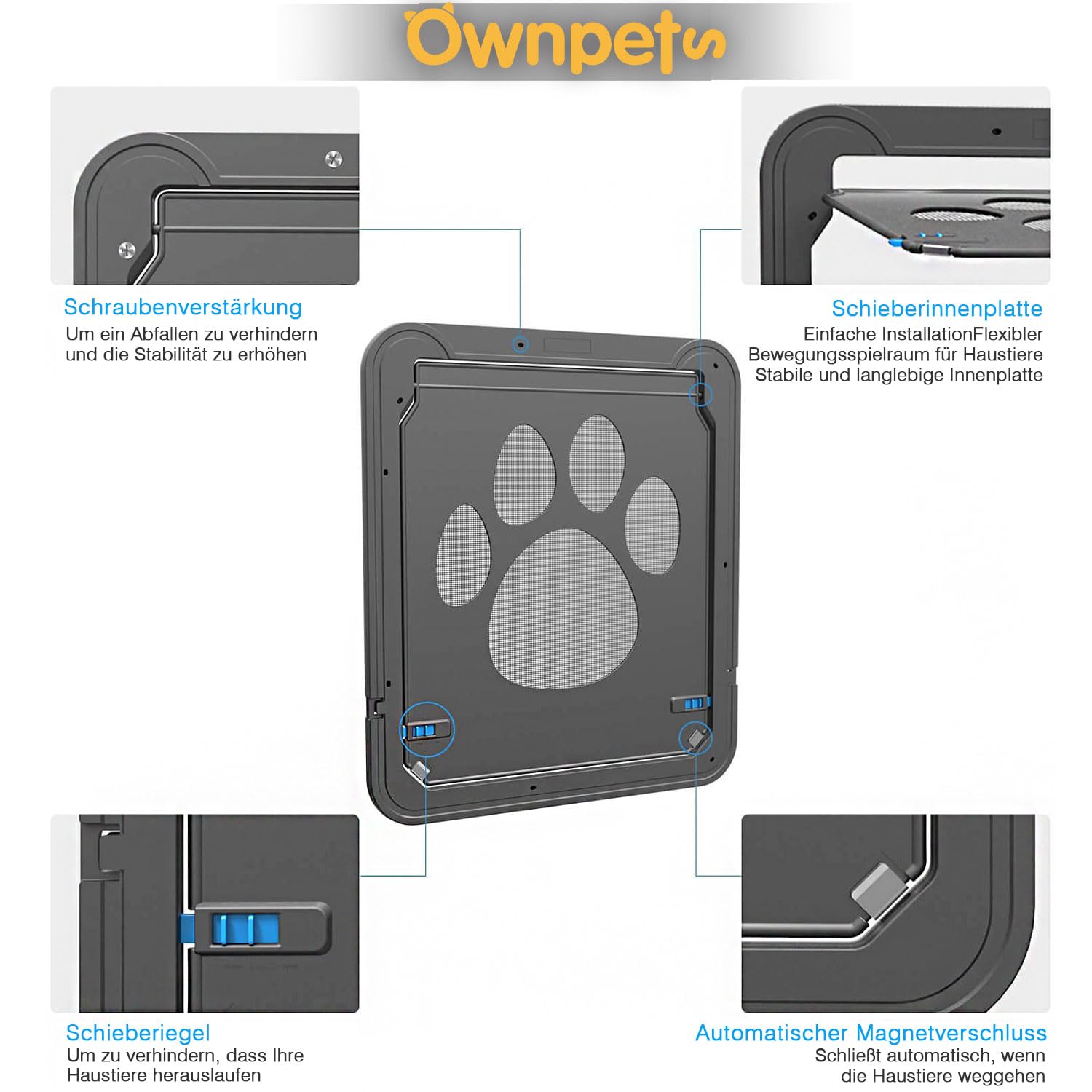 Ownpets Hundeklappe, Magnetische Hundetür mit automatische verschließbare Fliegengitter, Haustierklappe Schwarz, für Hunde & Katze, Innenmaße 36x30,5x1,25, Groß