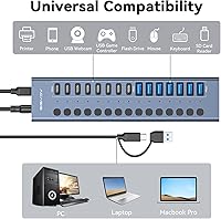 Vista 5 de Powered USB 3.2 Hub, ACASIS 16 Ports USB 3.2 Hub(8 USB-A 3.2 Ports+8 USB-C 3.2 Ports), Aluminum USB Hub Powered with 96W Power Adapter, USB Hub for