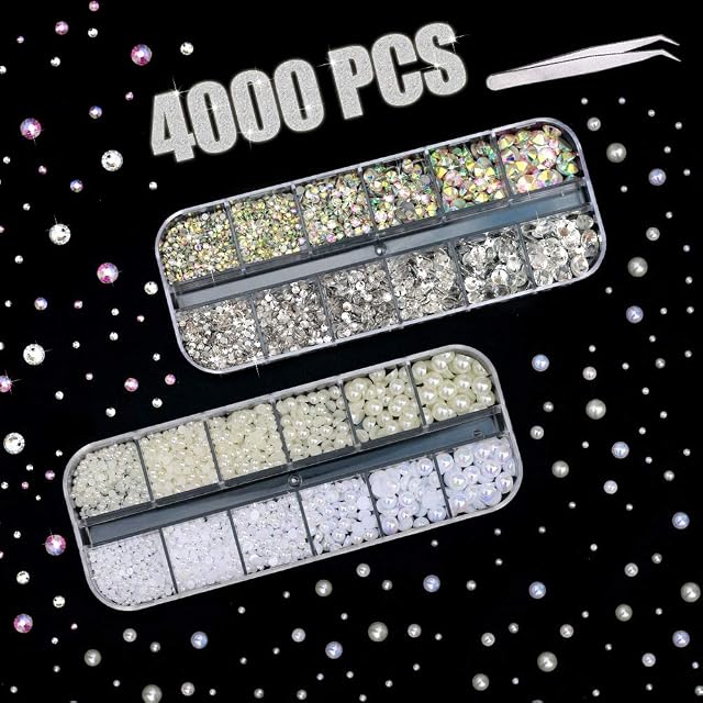 4000 PCS Rhinestones & Pearls for Craft, Flatback Crystal AB Rhinestones and Illusive Pearls in 2-6mm with Pick Up Tweezer for Girls DIY Nail Face Clothes Shoes Bags Phone Case Arts