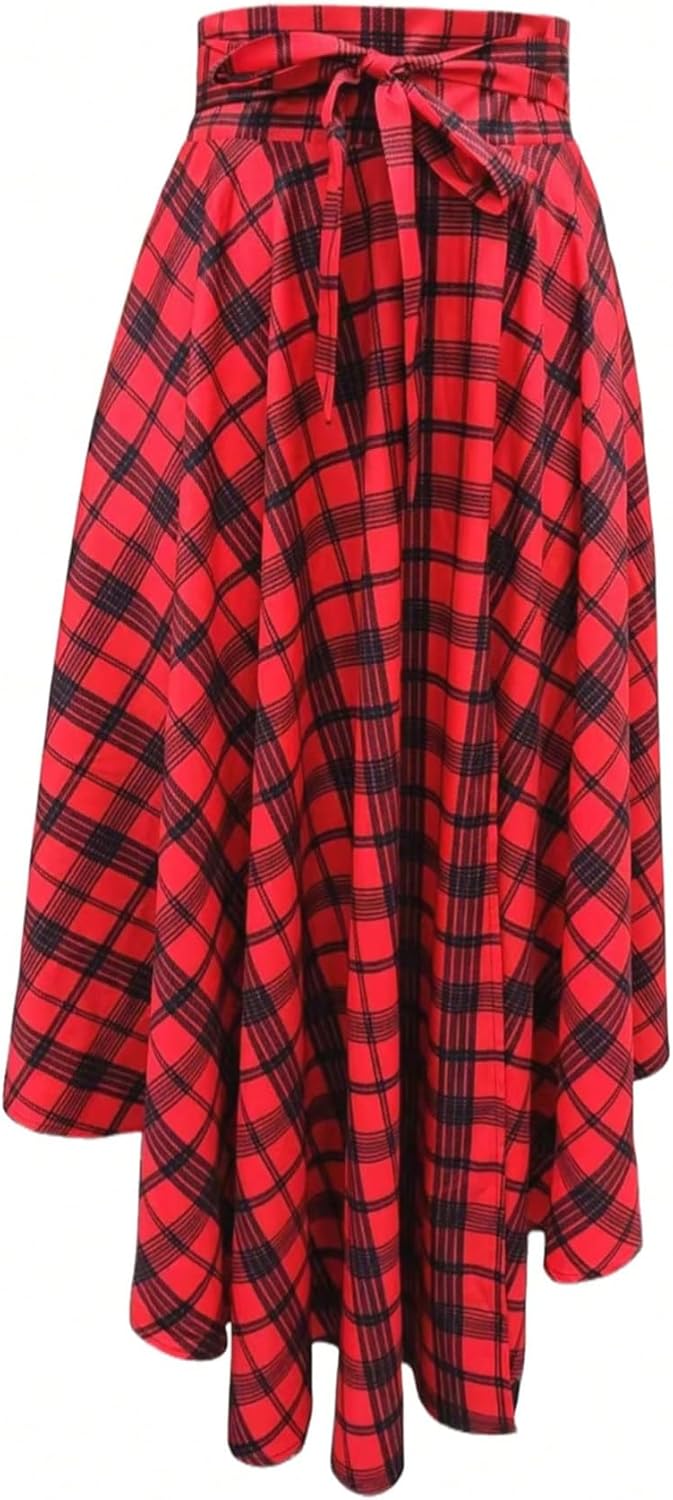 SHENHE Women's Plaid Flowy Slit Maxi Skirt Bow High Waist A Line Asymmetrical Hankerchief Skirt - Image 3