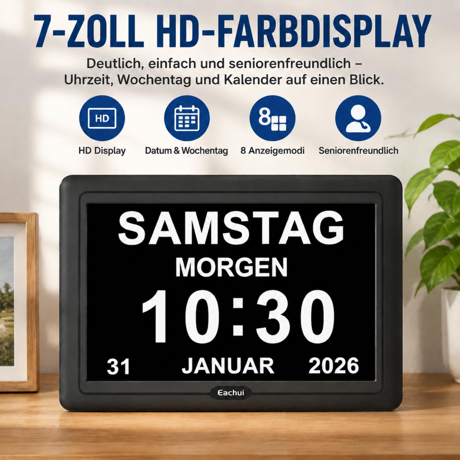 Eachui Digitaler Demenz Uhr Großes Display für Senioren,Plug in(7 Zoll) | Datum Tag der Woche Kalender Uhr 20 Erinnerungen 3 Klingeltöne 10 Stufen Lautstärke, Auto DST