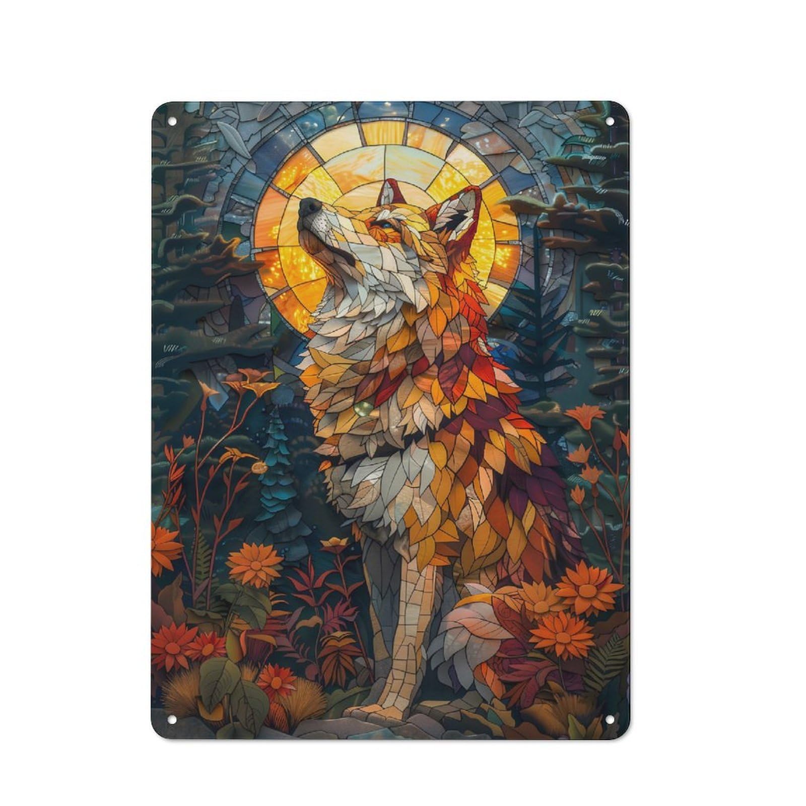 Junmoney Wolf Stained Glass Art Retro Metal Wall Sign 40X30cm For Man Cave Or Games Room, For Man Cave Decor Fans Refreshing A Room In Autumn