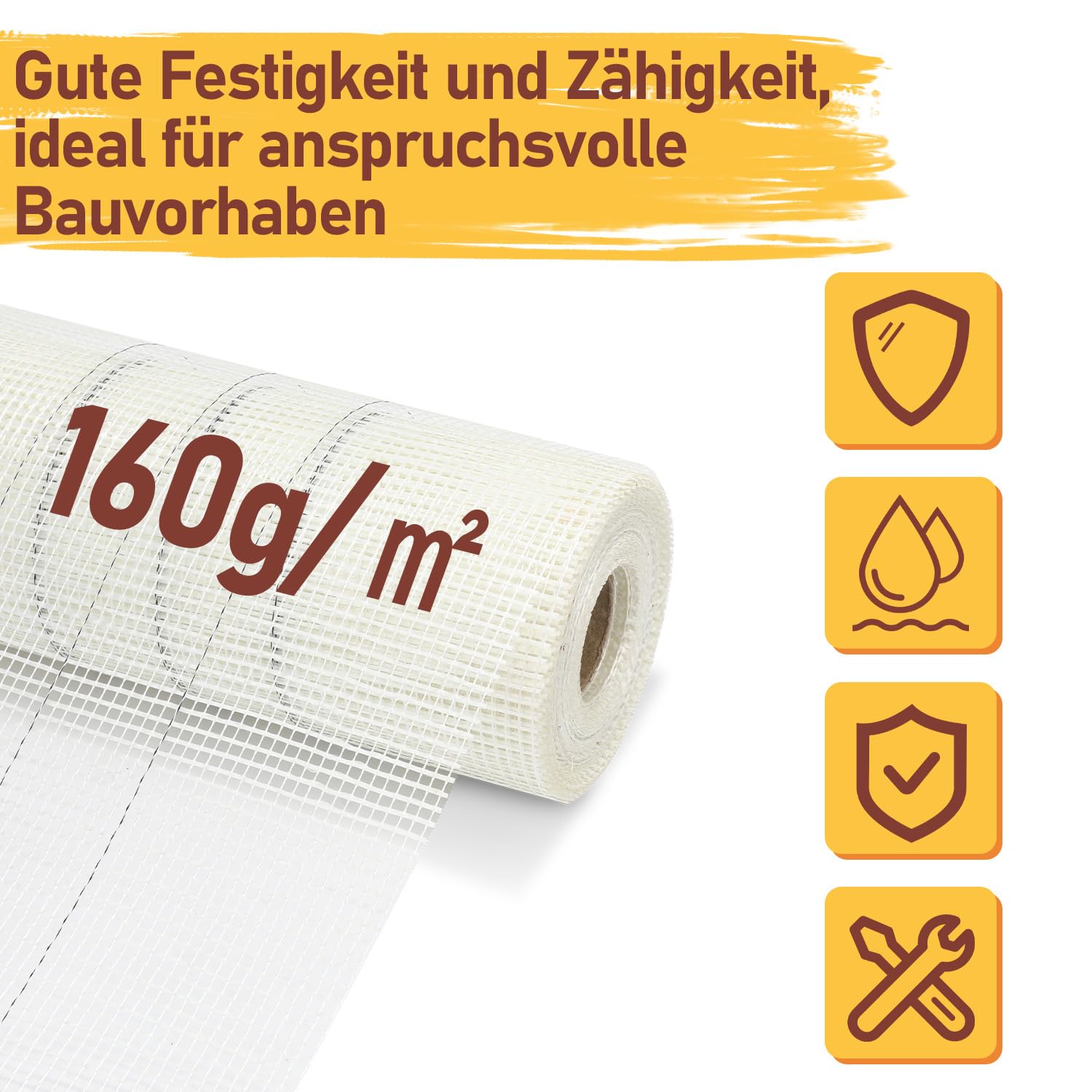 Armierungsgewebe 160 g/m² 1 x 50 m, 4 x 4 mm Glasfasergewebe für Innen- und Außenputz, Putzgewebe für Fassade und WDVS, alkalibeständiges Armierungsgitter, Weiß