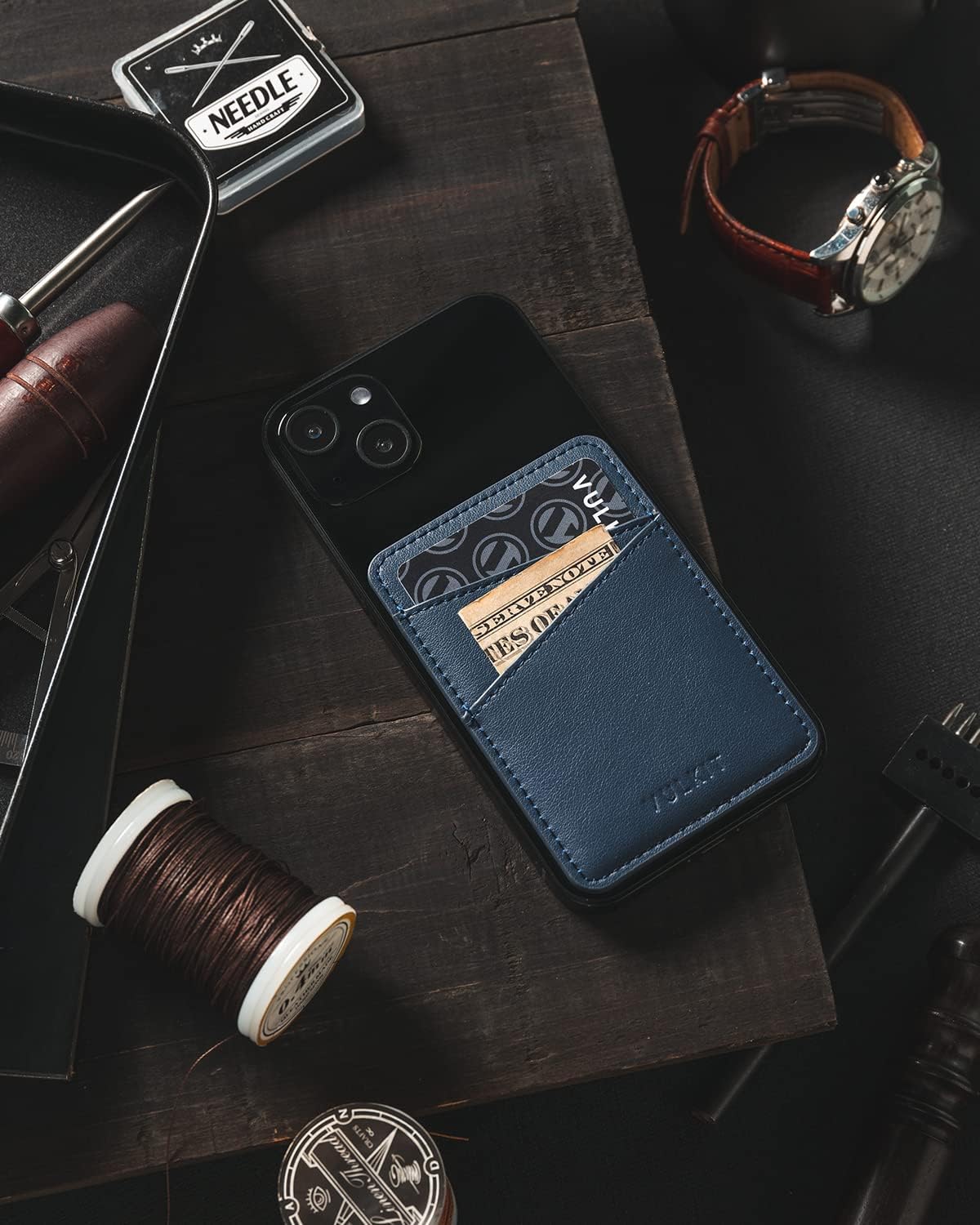 VULKIT Phone Card Holder Wallet Leather Adhesive Pocket RFID Blocking Credit Card Sleeves Stick Back of Phone Smartphones Navy - Image 6