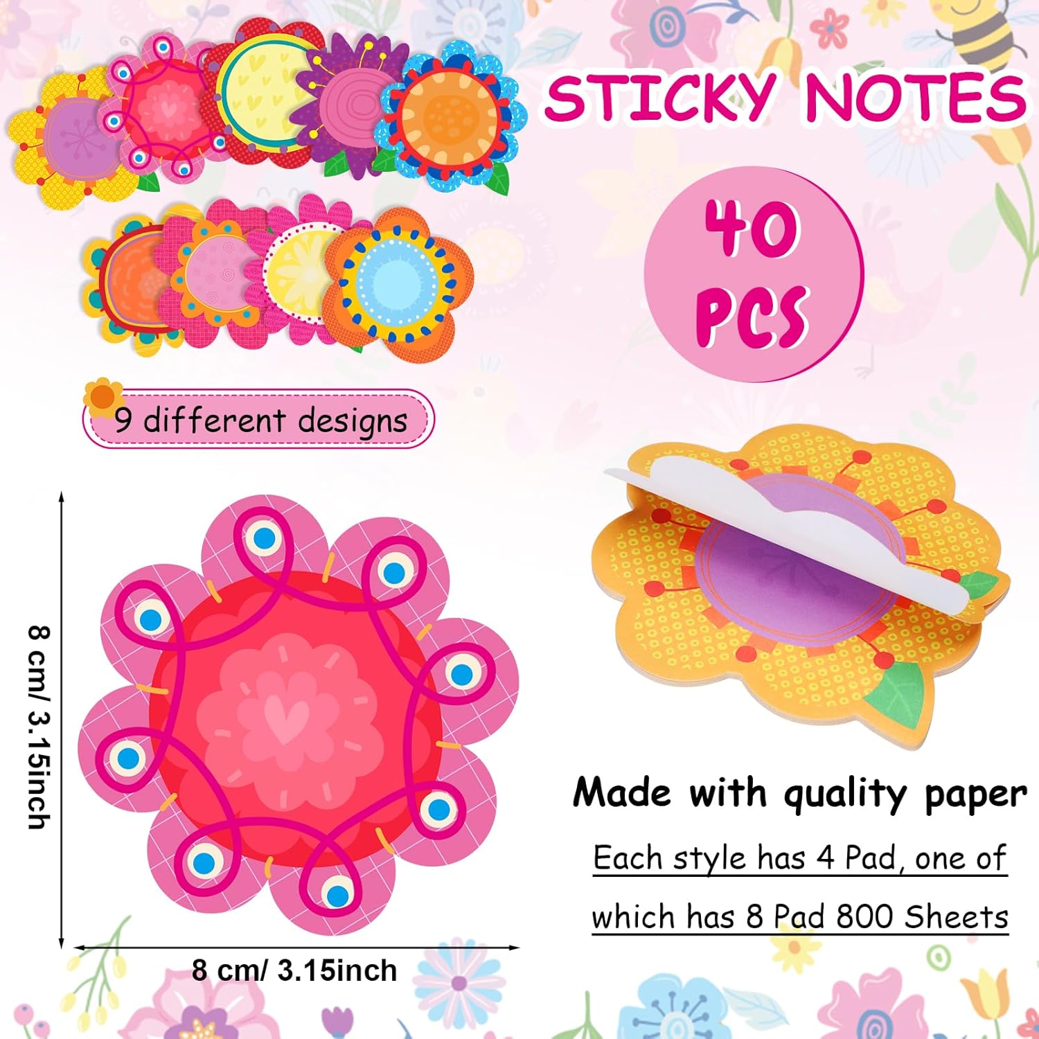 Geyee 80 Pcs Flower Theme Sticky Notes and Pens Set, Floral Memo Pads Colorful Flower Ballpoint Pens Floral Party Gift Supplies for Spring Theme Home Office Birthday Party Gift Favors - Image 3