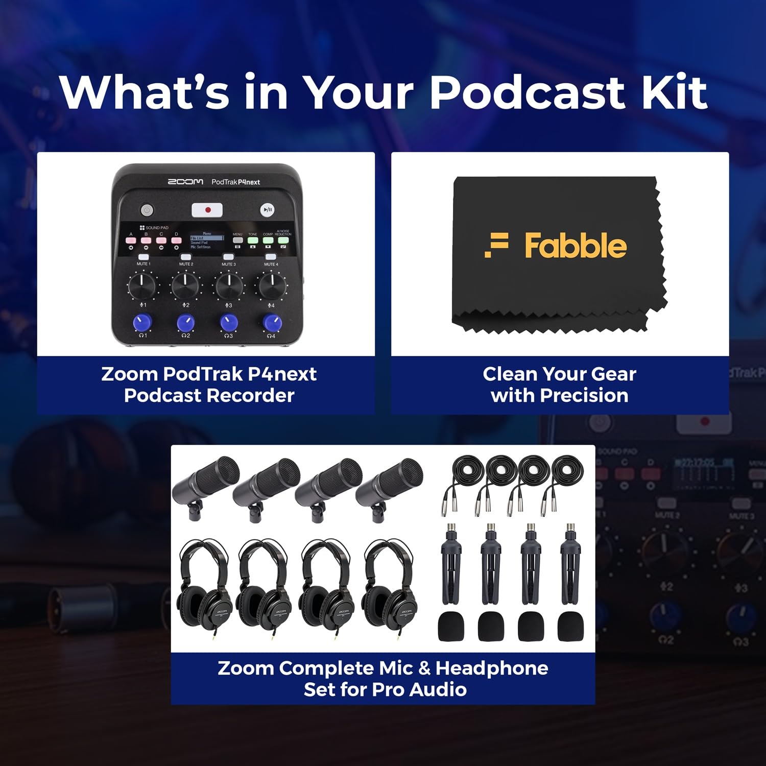 Zoom PodTrak P4next Podcast-Recorder-Set mit vier Zoom ZDM-1 Podcast-Mikrofon-Packs, einschließlich Kopfhörer, Windschutzscheiben, XLR-Kabel und Tischständer für eine komplette Aufnahmeeinrichtung