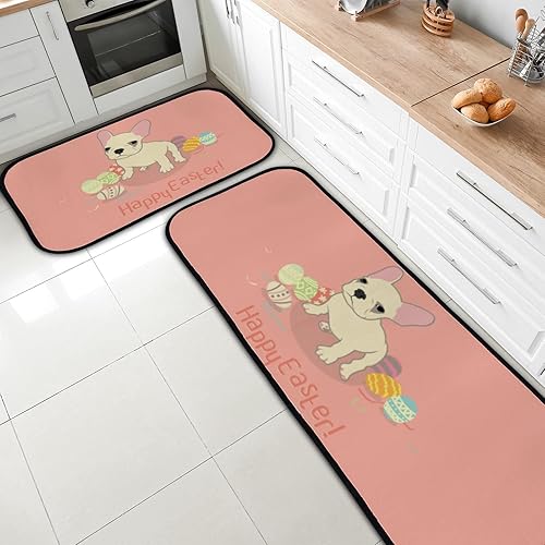Juego de 2 alfombras de cocina antifatiga tapete de pie para conejito Bulldog francés feliz Pascua antideslizante lavable cómodo para cocina hogar