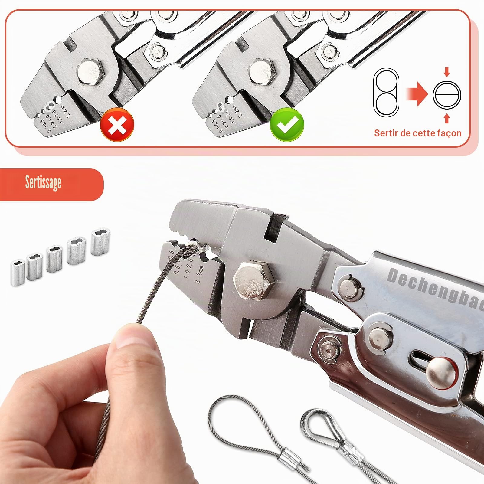 Sertisseur de câble métallique pour sertir les lignes de pêche jusqu'à des outils de sertissage de 2,2 mm, outil de sertissage de câble métallique en acier inoxydable Dechengbao Heavy Duty