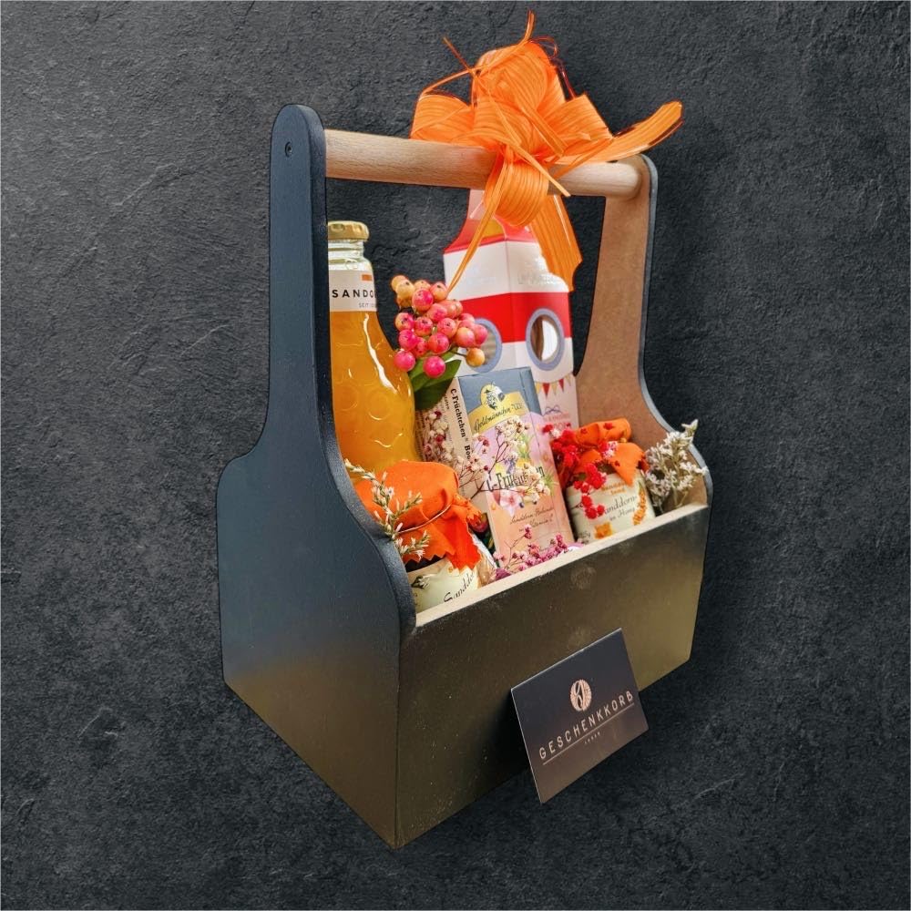 Sanddornkiste | Geschenkkorb mit hochwertigen Delikatessen für Genesungswünsche | Präsentkorb zur Aufmunterung | Ideal als Geschenk für Gesundheit und Wohlbefinden.