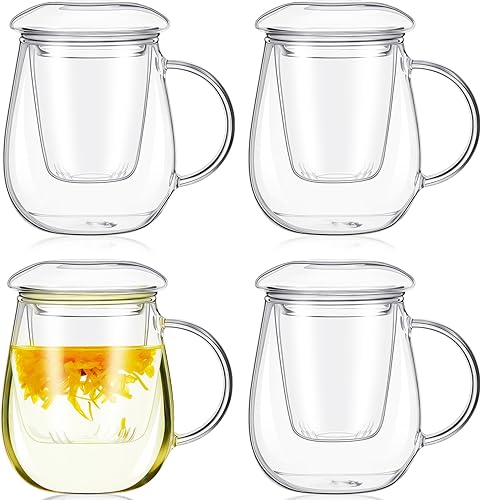 Tioncy Juego de 4 tazas de té de vidrio con infusor y tapa, tetera de vidrio transparente de 16.9 onzas con colador y tapa, taza de té suelta de