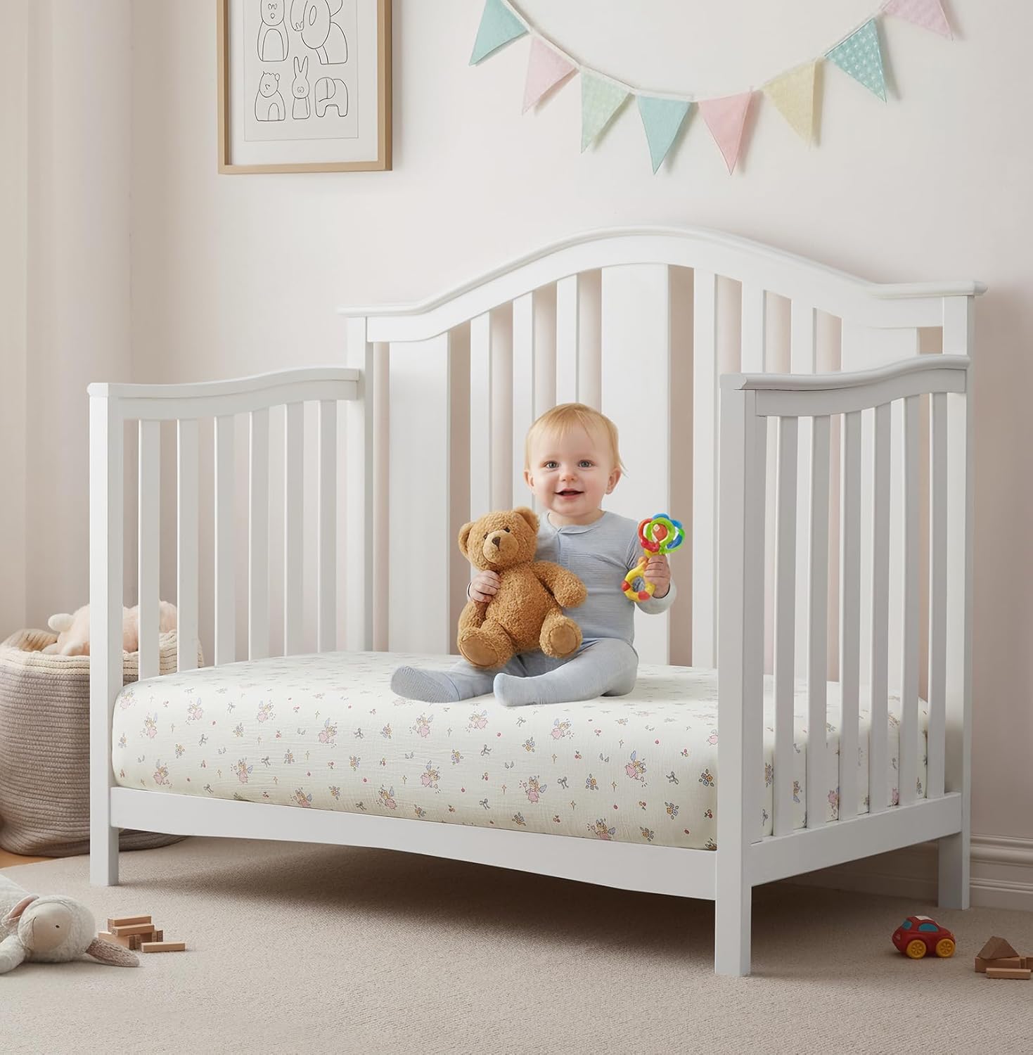 SiinvdaBZX 2 Pack Muslin Crib Sheets for Girls, Ultra Soft Cotton Breathable Fitted Baby Crib Mattress Sheets for 52"x28" Standard Toddler Mattress (Little Fairy + Flower)