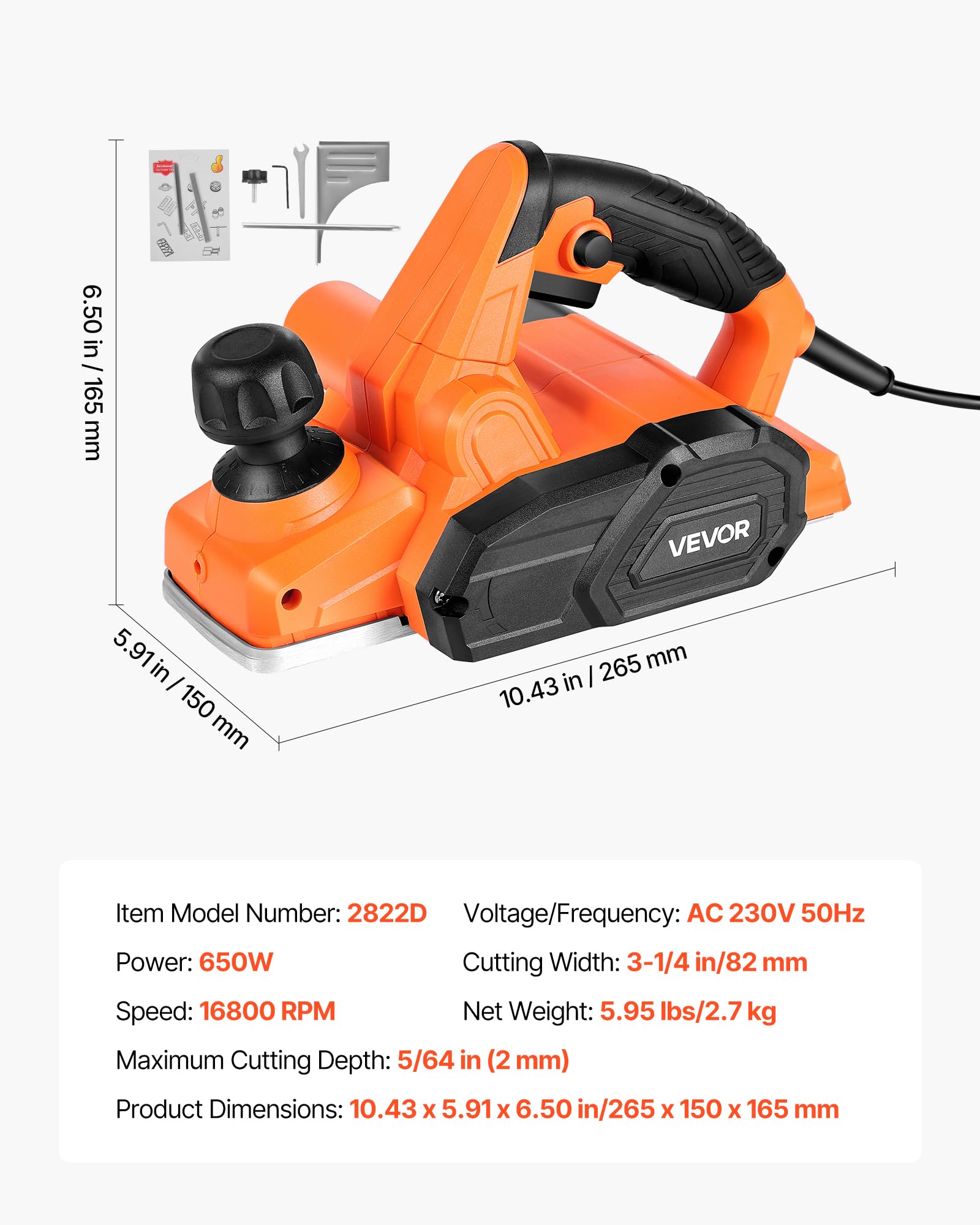 VEVOR Rabot Électrique Filaire Largeur de Coupe 82 mm Raboteuse à Bois à Main 650 W 16800 tr/min Profondeur Coupe Réglable 2 Lames Outil de Menuiserie pour Travail Chanfreinage Bois, Finition Lisse