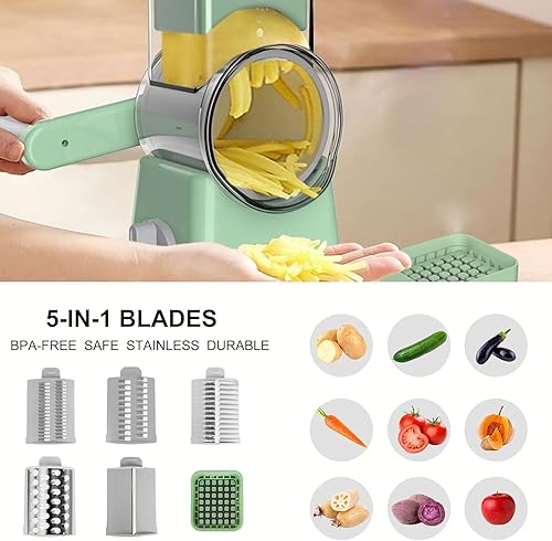 Miniatura 4 de Rallador rotativo de queso, 6 en 1 con 6 trituradoras de mandolina, picadora de alimentos con cuchilla para cortar en dados con cuchillas de acero