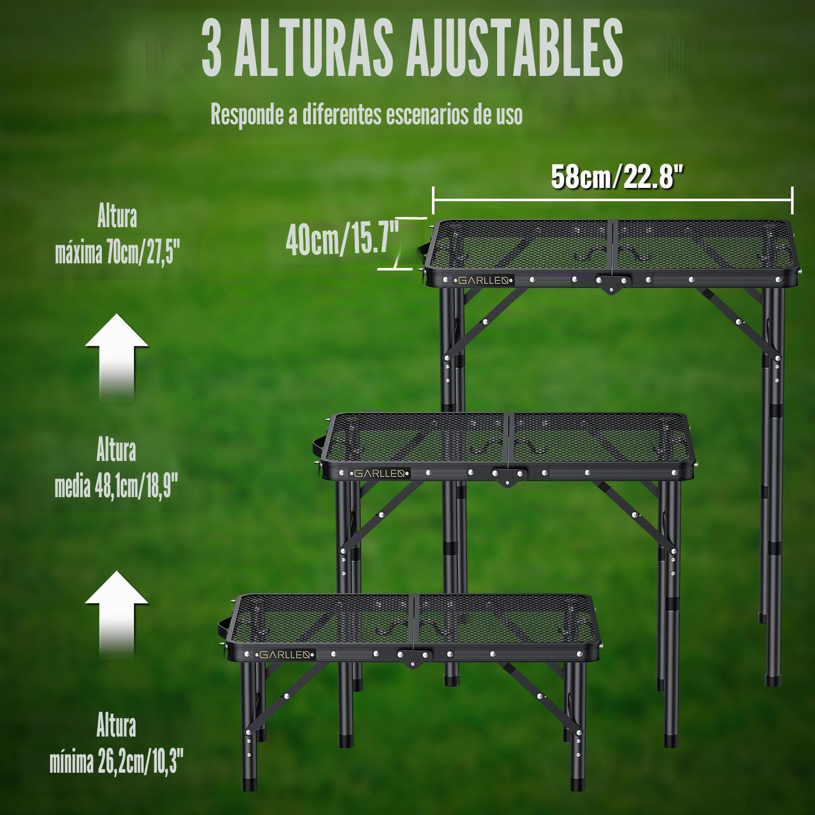 GARLLEN Mesa Plegable para Barbacoa, Mesa de Camping 3 Altura Ajustable Mesa de Picnic de Aluminio Portátil Estable 58 * 40 * 70cm
