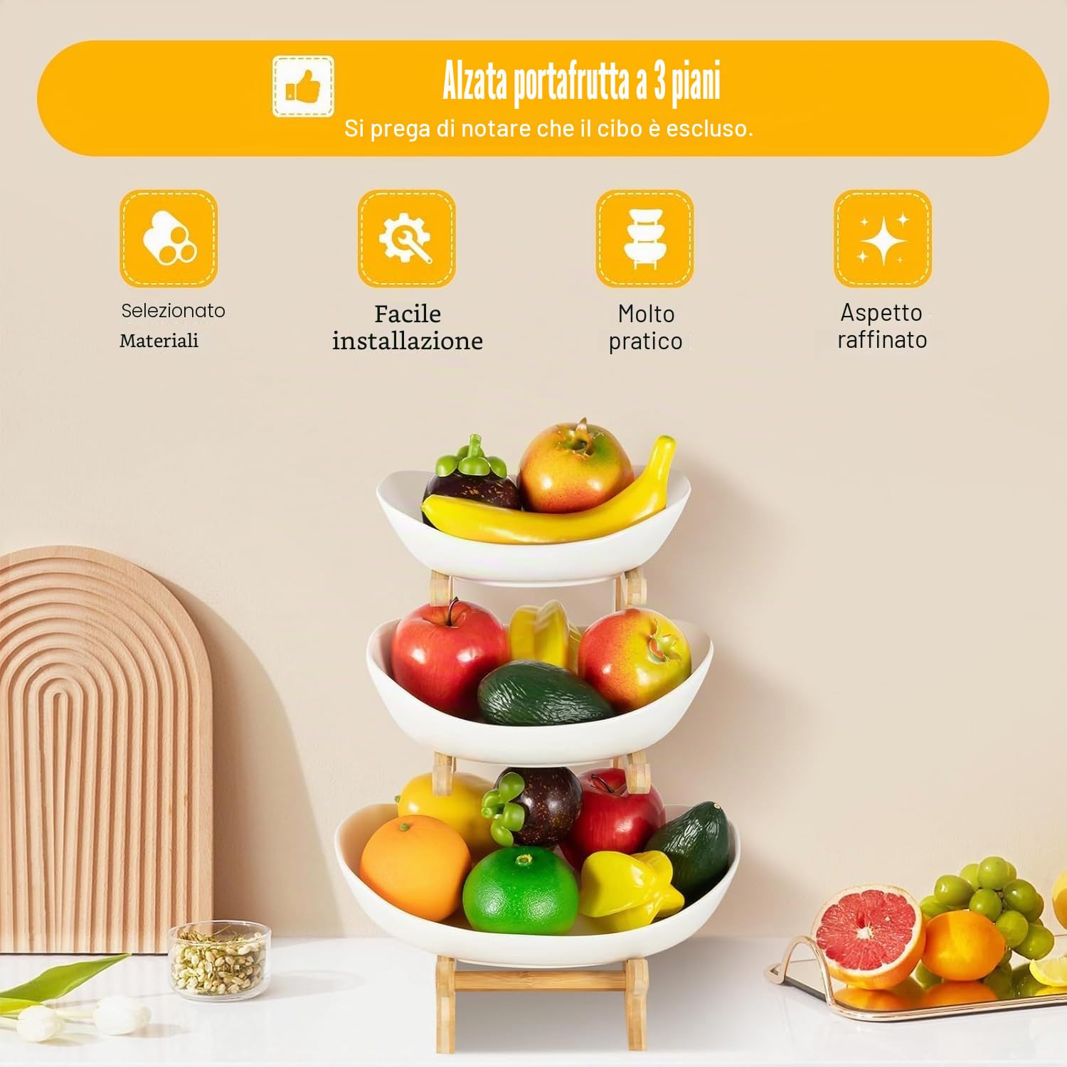 Alzata per frutta in ceramica, con 3 ripiani, piatto di frutta, 3 livelli, con supporto in bambù, piatto da portata per cucina, frutta, verdura, snack, caramelle