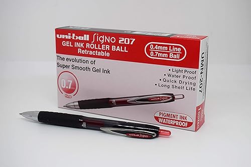 Uni-ball 704527 SigNo 207 - Bolígrafo de gel retráctil, punta fina de 0.028 in, línea de 0.020 in, color rojo Ref 9004602 (paquete de 12)