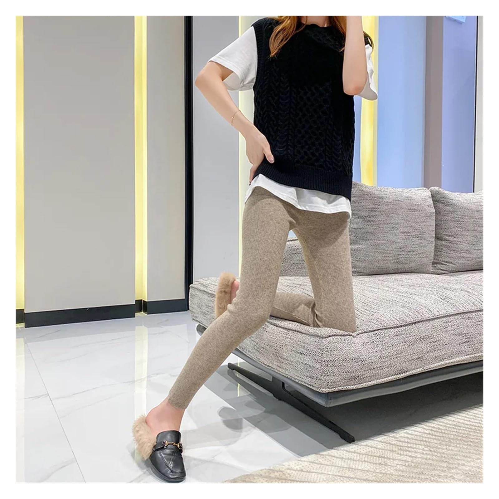 Leggings Termici Autunno Inverno Donna Leggings ispessenti Vita a Costine a Righe Verticali Leggings Lavorati a Maglia Casual Collant Caldi e usurati(Light Camel,L)