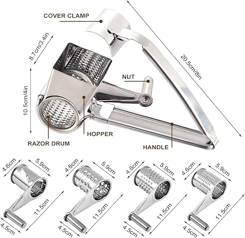 Miniatura 2 de Rallador de queso giratorio multiusos, 7.8 x 3.2 pulgadas, rallador de queso extraíble de mano con 4 rodillos de acero inoxidable, rallador