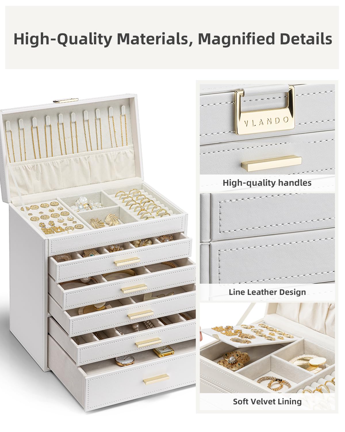 Vlando Joyero grande de 6 capas, organizador de joyas con soporte para collares, almacenamiento de joyas para anillos, pulseras y relojes, regalo para mujer (blanco)