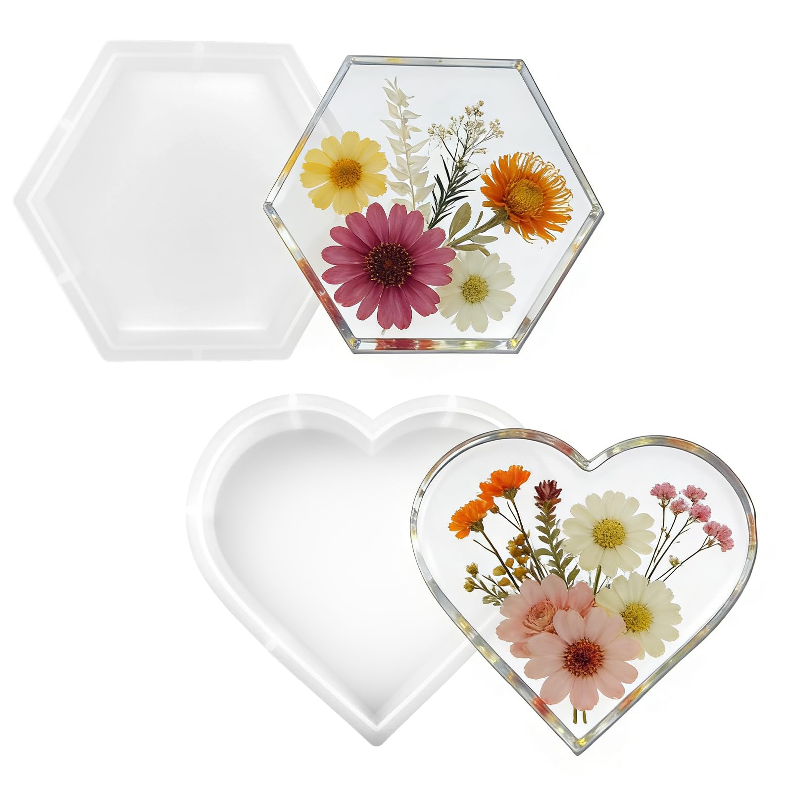 2 Pezzi Stampi Grandi in Silicone per Resina Epossidica a Forma di Cuore e Esagonale Stampo Resina Epossidica Silicone Grande per Fermalibro Conservazione dei Fiori Decorazioni Casa (2 Forme)