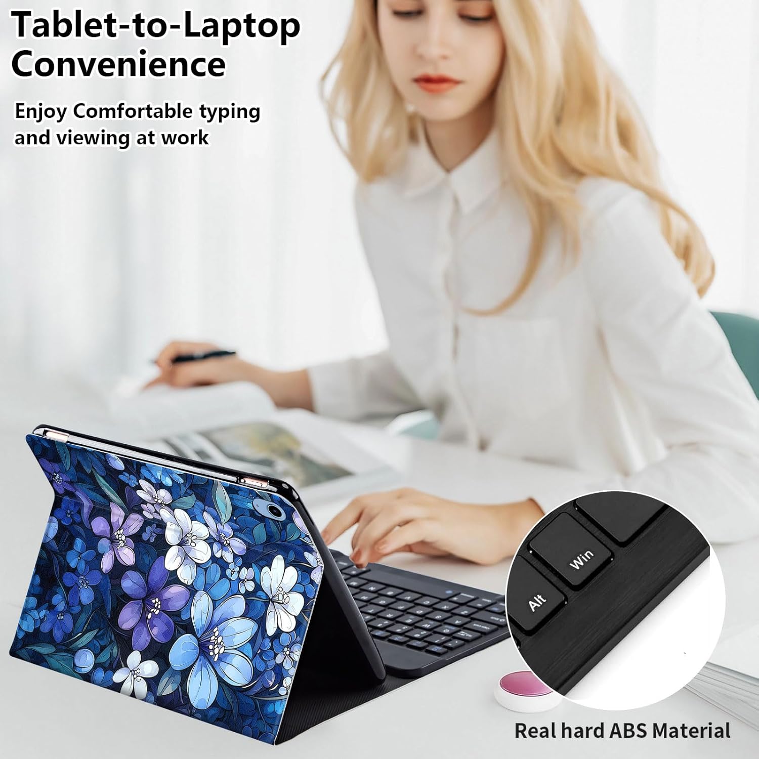 Keyboard Case for iPad 11th (A16, 2025) and iPad 10th Generation 10.9 inch (2022), Slim Folio Cover with Detachable Bluetooth Keyboard & Kickstand, Protective Blue Floral Art Design Design
