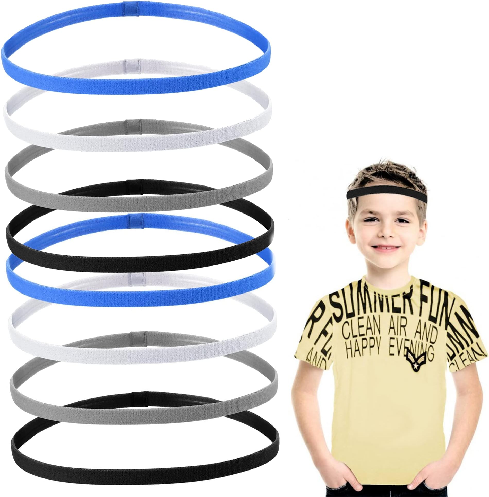8Pcs Non Slip Sports Headband Set Elasticity Boys Hair Band for Athletes Fitness Enthusiasts Keep Hair and Sweat Away from Forehead and Eyes When Play Basketball Soccer Run and More