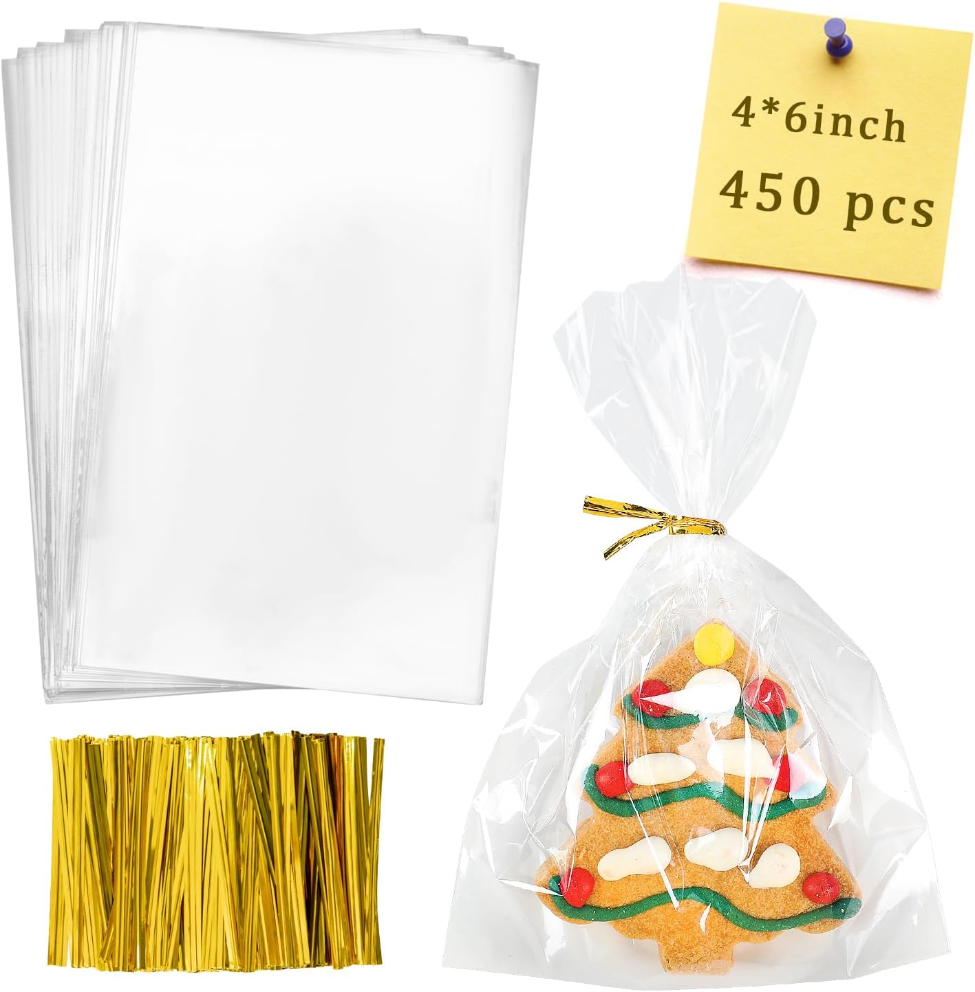 Labeol Cellophane Bags 450Pcs 4X6 Treat Bags with Ties Goodie Bag Clear Plastic Bag for Packaging Party Favor Gift Cookie Candy Bakery Christmas Valentines Day Easter Cellophane Wrap