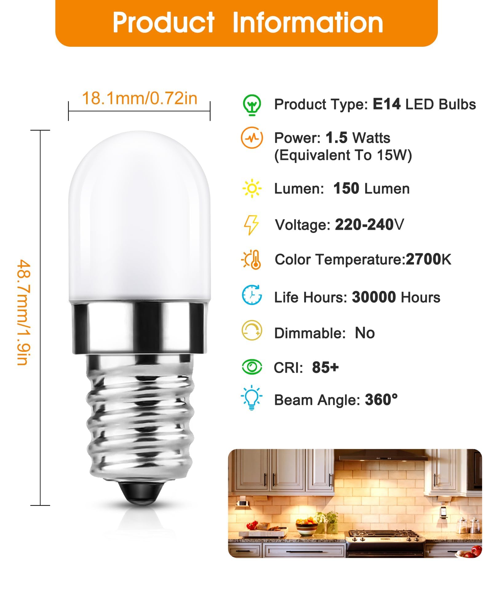LED Fridge Bulb E14, 1.5W SES E14 Small Edison Screw Bulbs 15W Equivalent, 2700K Warm White - Image 2