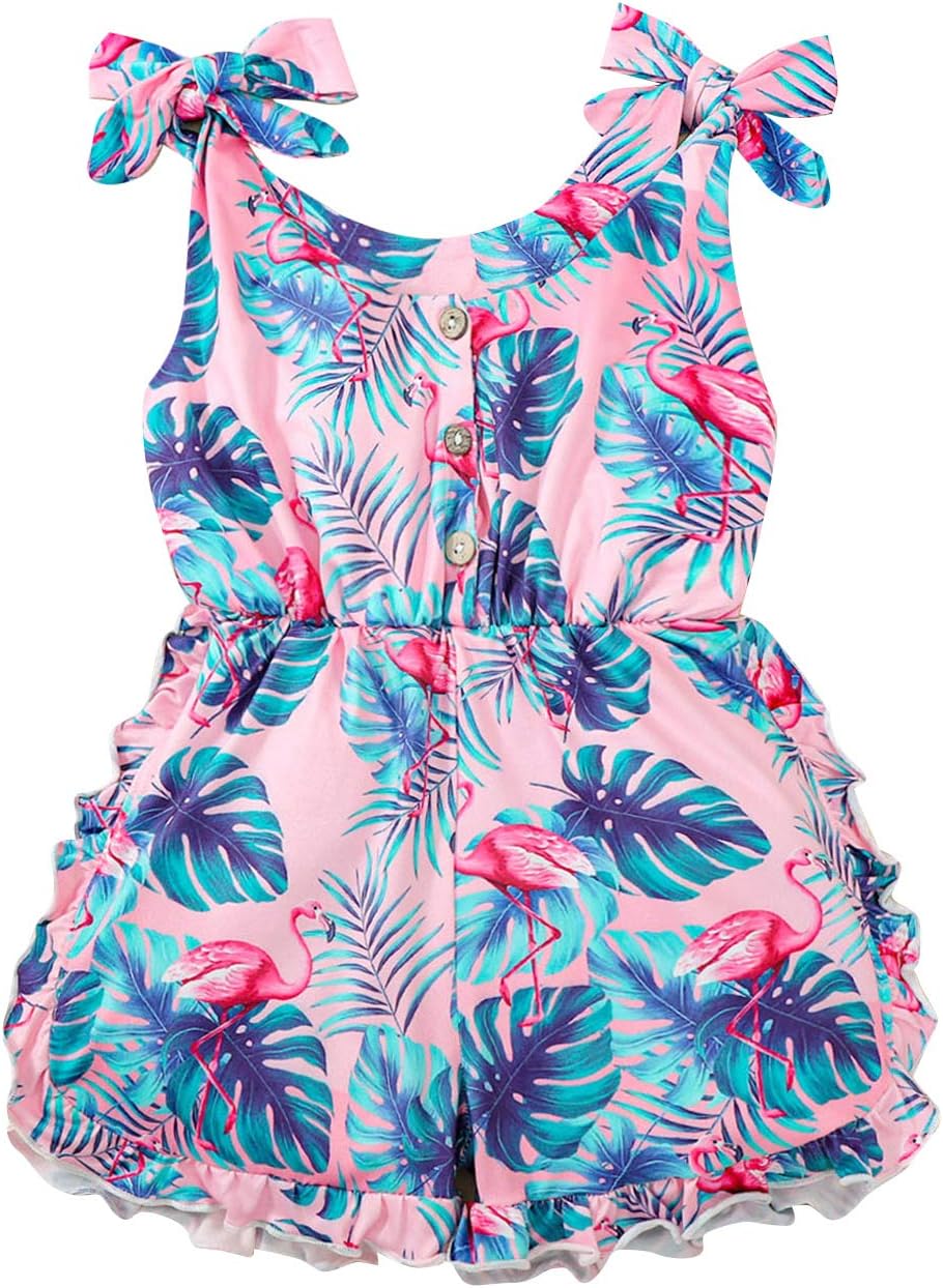 Thorn Tree Girl's Sleeveless Jumpsuit Bowknot Strap Button Closure Flamingo Romper Toddler Girls Clothes