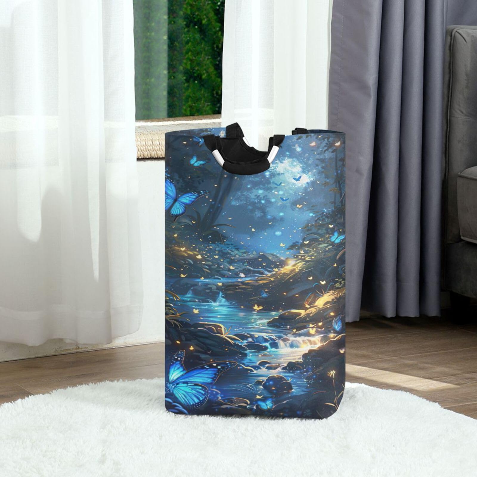 Jihqo Laundry Hamper Basket Dreamy River Butterflies Collapsible Nursery Storage Bin Waterproof Clothing Baskets for Home Bedroom Bathroom Washing Room