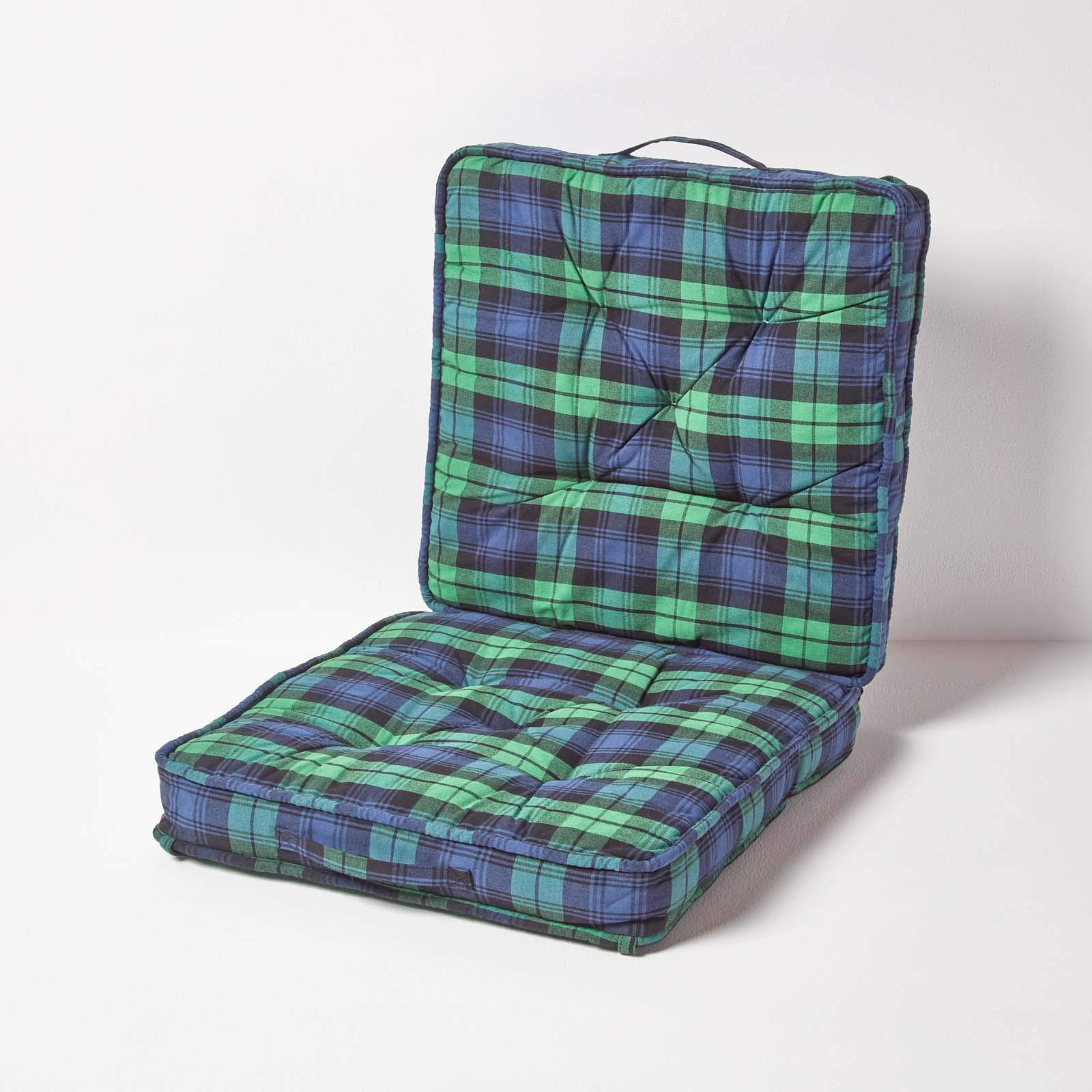 Homescapes Vert Cotton Travel Support Booster Cushion, 50 X 50 Cm, Green, Tartan, 100% Cotton Cover, Carry Handle, Premium High Density Filling