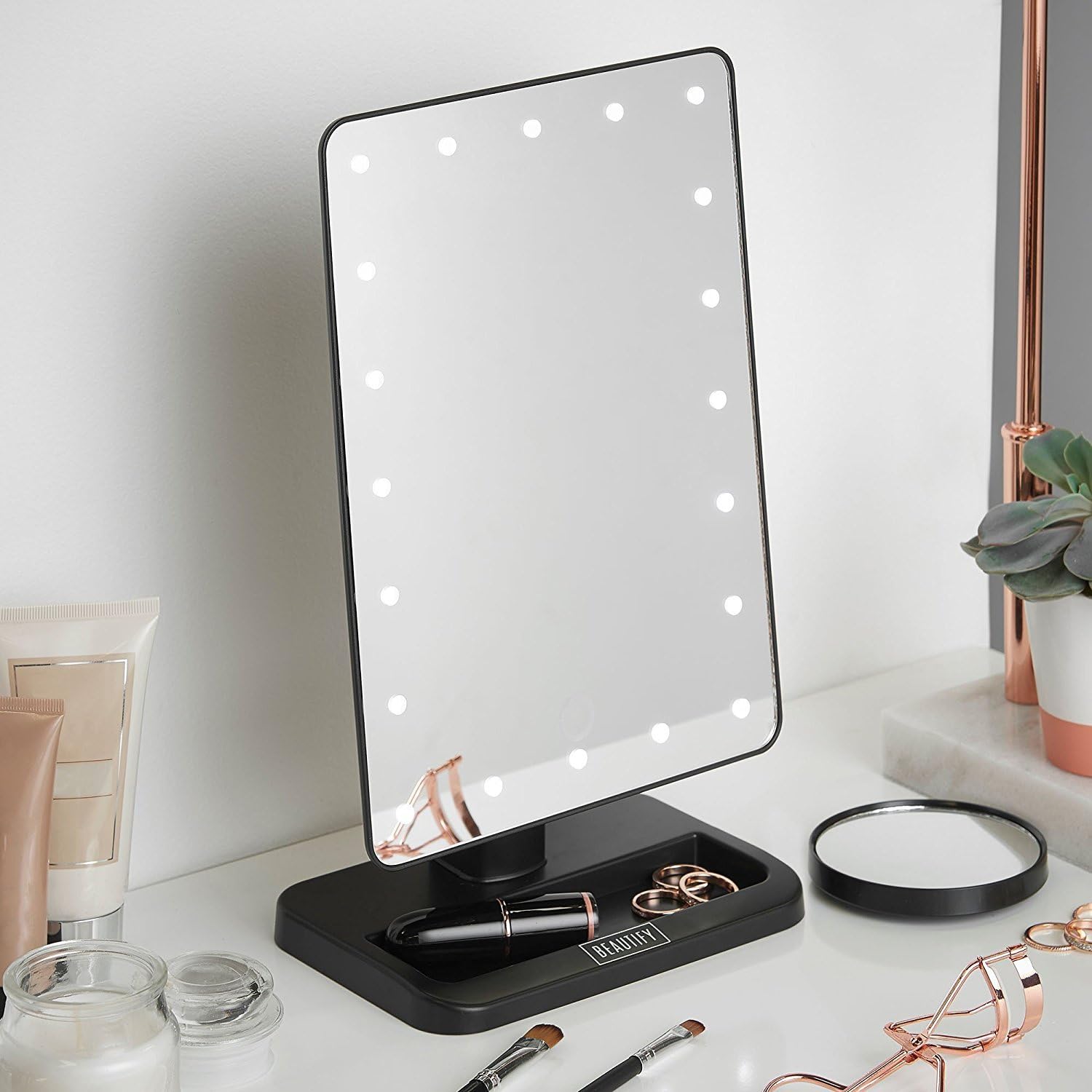 Beautify Lighted Makeup Mirror with 20x LED Lights Makeup Vanity Mirror with Touch Screen Dimming, Detachable 10X Magnification Mirror, Battery Powered - Black Small Travel Mirror
