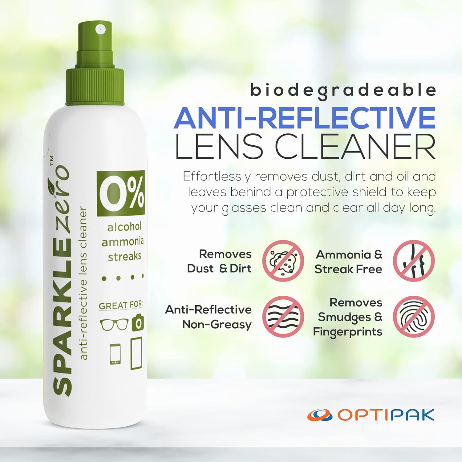 OPTIPAK Lens Cleaner Spray Kit – Eco Friendly Biodegradable Lens Cleaner with Microfiber Cloth for Eyeglasses, Lenses, Screens – Streak Free - (2) 4oz Spray bottles + (2) 1oz spray bottles + (4) microfiber cleaning cloth : Health & Household