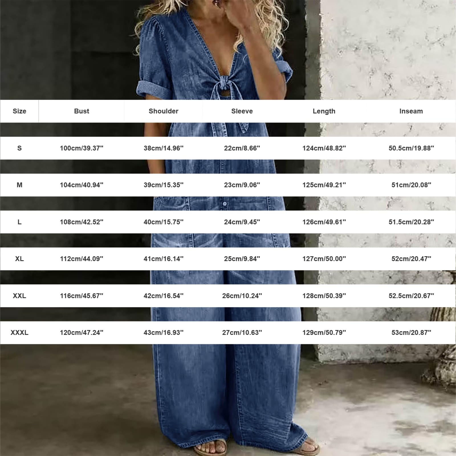 Tuta da donna in jeans lunga, a gamba larga, con pantaloni